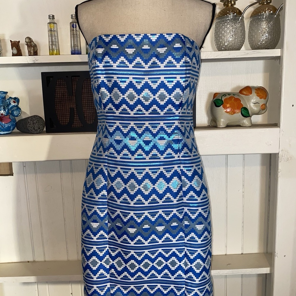 Badgley‎ Mischka Belle Blue Aztec Print Strapless Dress Womens Size 10